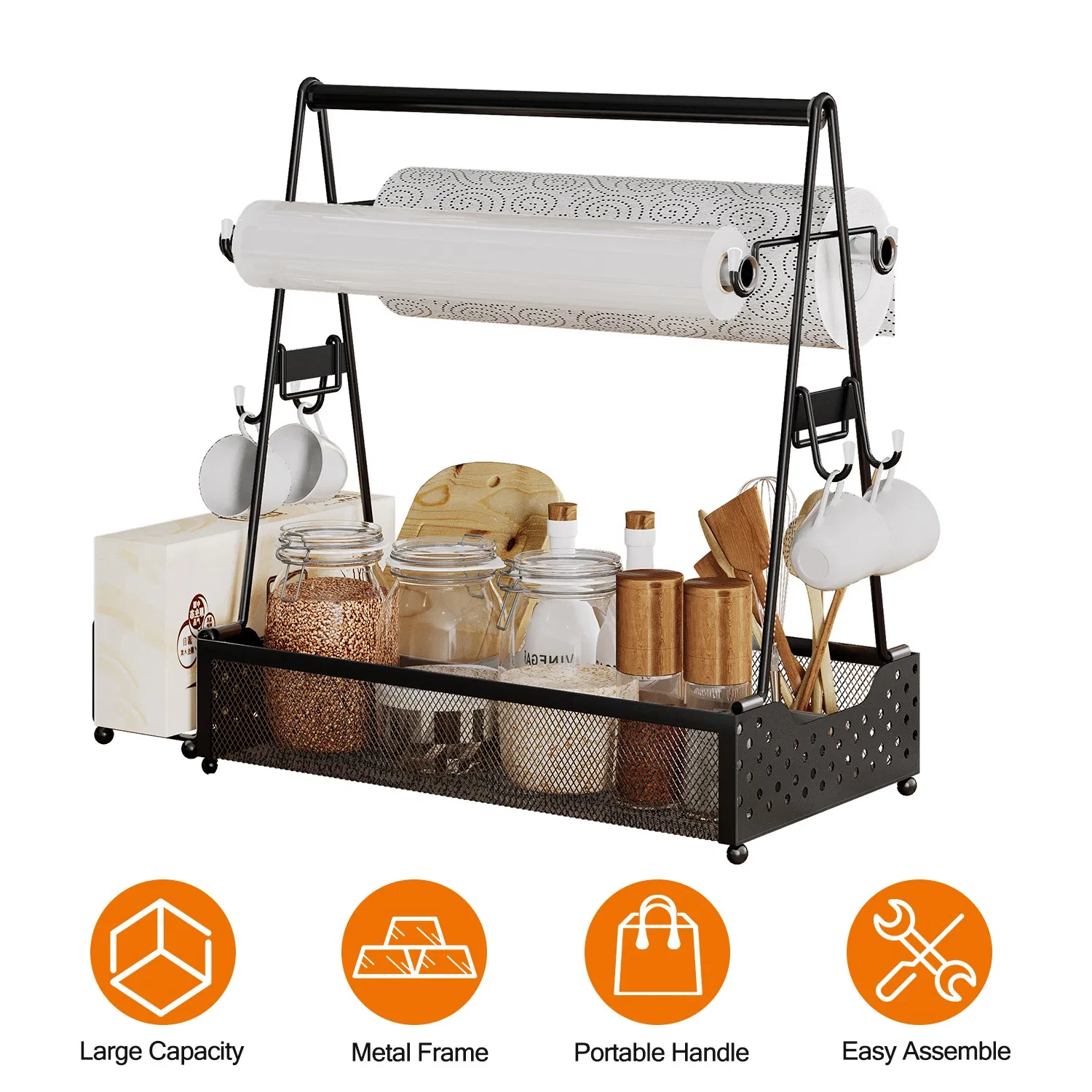 Outdoor BBQ Grill Caddy, Multi-Compartment Metal Utensil Storage Organizer with Paper Towel Holders, Side Hooks and Basket for Camping, Beach and Kitchen Counter