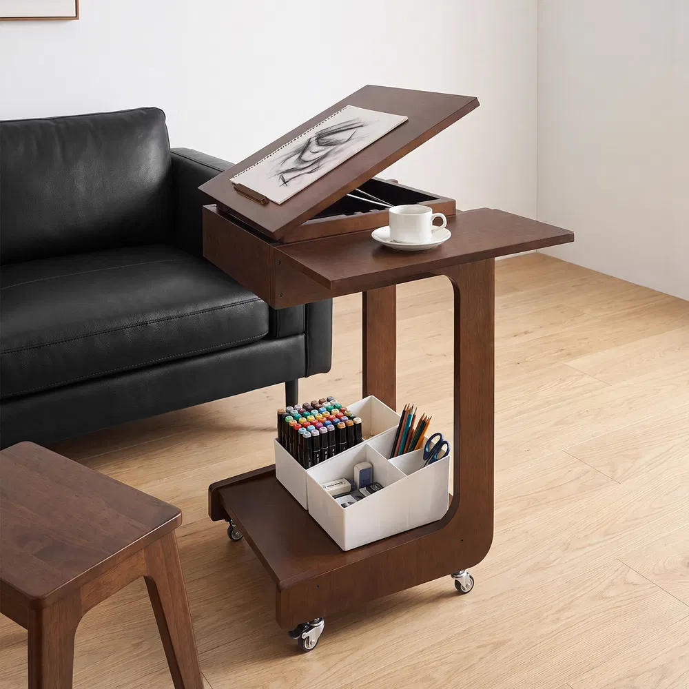 Solid Wood C Shaped End Table, Rolling Side Table with 360 Adjustable & Foldable Desktop, Couch Table with Laptop Stand for Couch, Living Room, Bedroom, Office (Walnut) No self pic