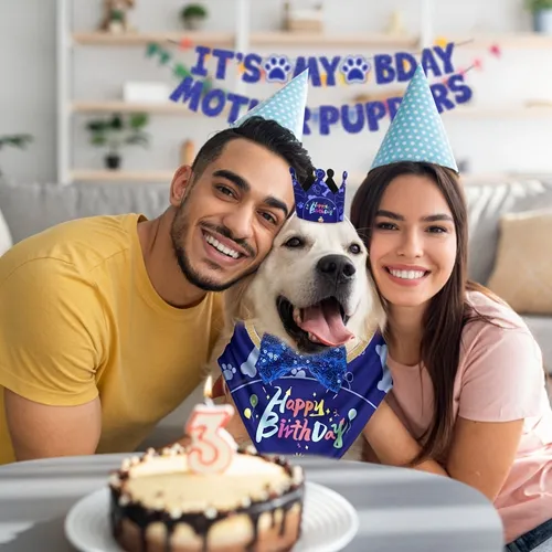 Dog Birthday Party Supplies, Boy Dog Birthday Bandana Set with Cute Dog Bowtie, Scarf, Birthday Banner Balloons and Hat with Numbers for Medium and Extra Large Dogs Pets(Blue)