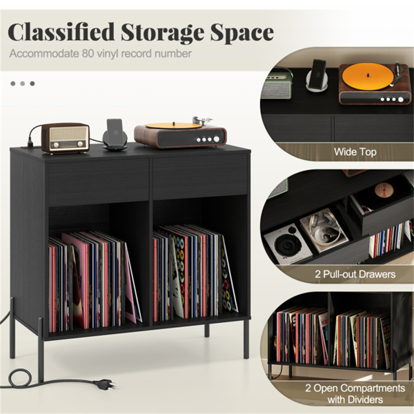 Record Player Storage Stand - Customizable Vinyl Compartments, Built-in Charging Station, Metal Legs & Floor-Protecting Pads-19