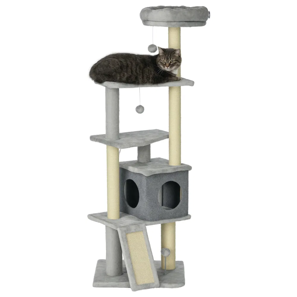 57.5" Cat Tree with Scratching Posts, Large Cat Tower for Indoor Cats with Bed, House, Toys, Grey