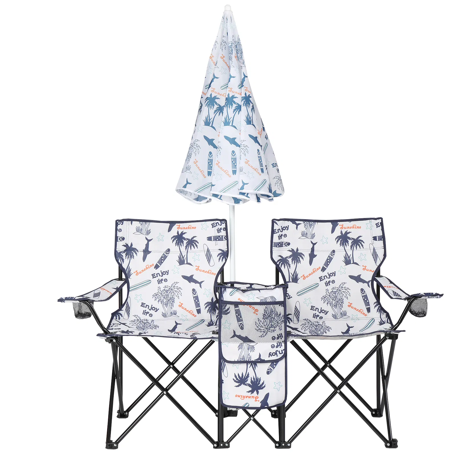 Portable Outdoor 2-Seat Folding Chair with Removable Sun Umbrella Coconut Tree image 12