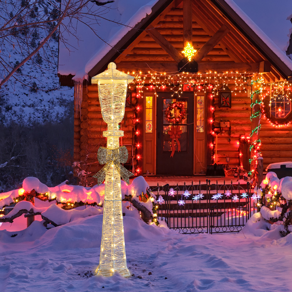 5FT Lighted Lamp Post with Bowknot Christmas Decorations, Pre-lit Holiday Decor with 110 Warm White LED Lights for Xmas Outdoor Indoor Decor Lighted Holiday Displays-17