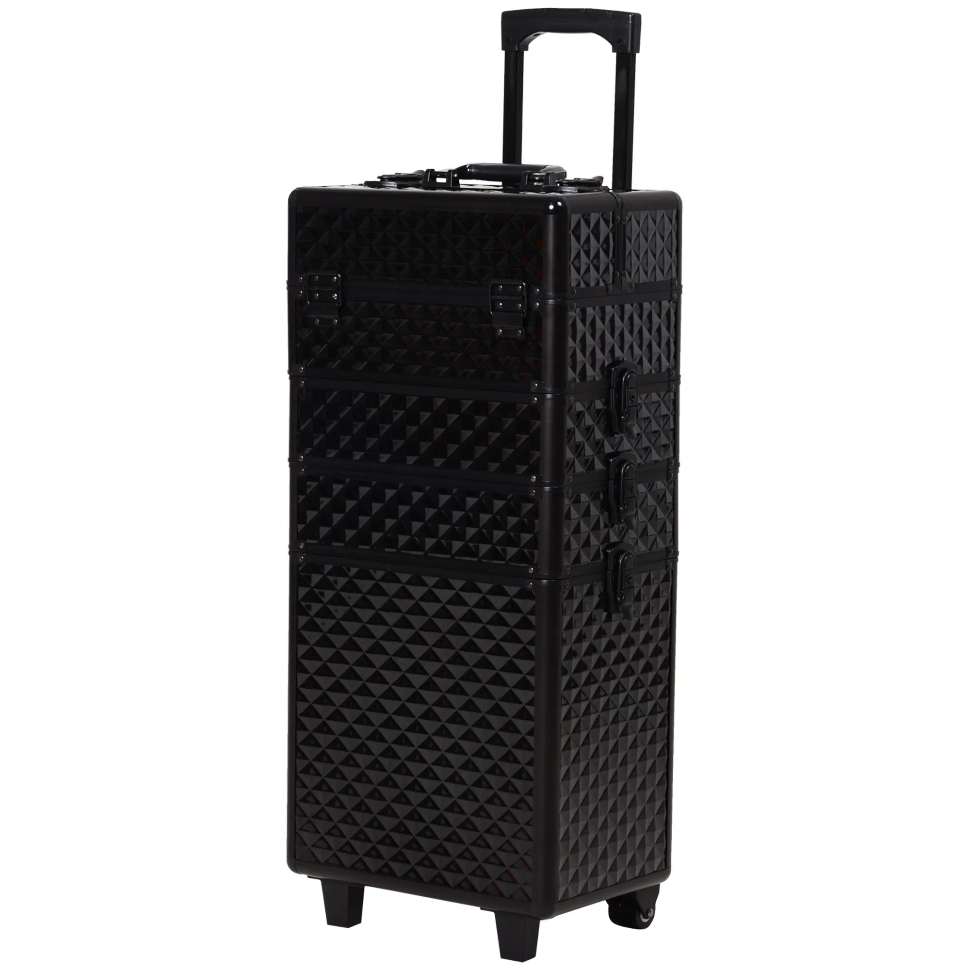 4 in 1 Makeup Train Case Portable Aluminum Rolling Cosmetic Organizer Trolley with Wheels Multiple Compartments Black