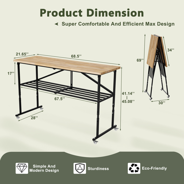 Foldable Hardwood Workbench Adjustable Wood-Top Utility Table with Locking Casters-11