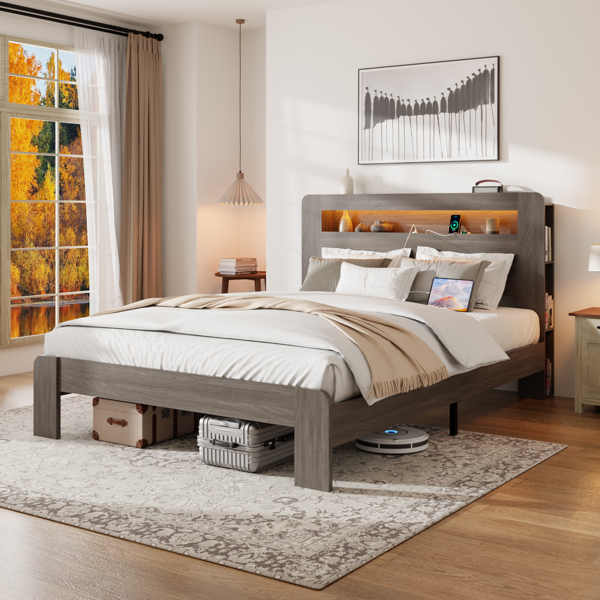 Bed Frame Queen Size, Wood Platform Bed Frame with Storage LED Light Headboard and 2 USB , Noise Free,No Box Spring Needed and Easy Assembly Tool,Large Under Bed Storage,Dark Gray-8