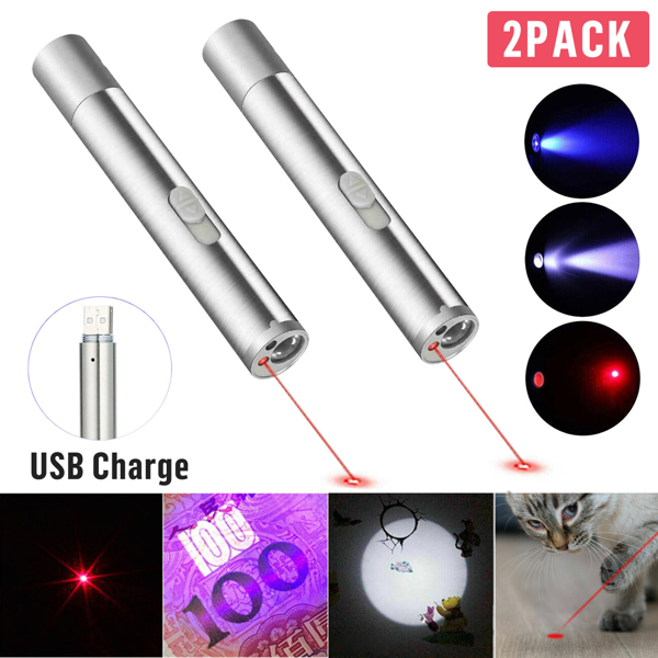 2PCS 3 in1 1mw USB Rechargeable Pet Toy Pen Flashlight Red laser Beam UV Light 3-Modes Lamp-19