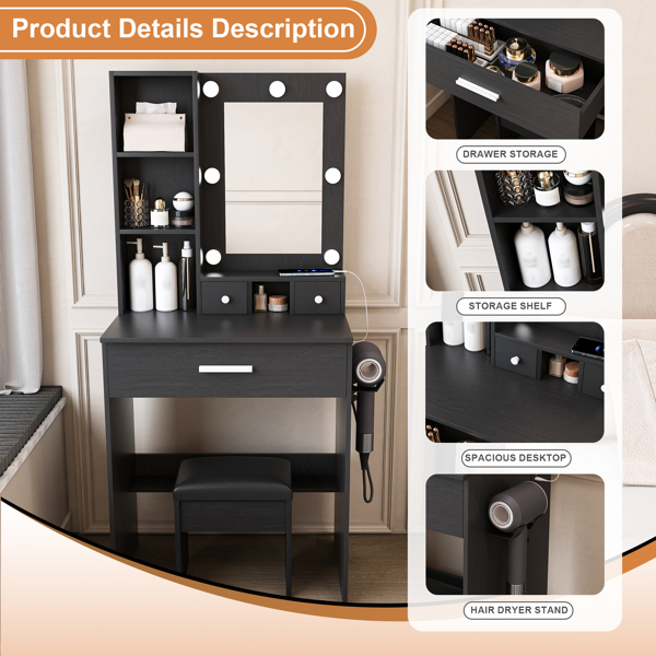 Vanity Table with Mirror & Adjustable LED Lights, Power Outlet, Hairdryer Holder & Stool – Compact Dressing Desk for Small Bedrooms(Black) -20