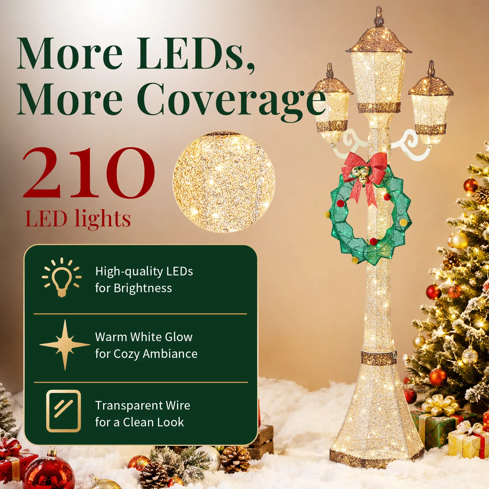 6FT Gold 3-Head Street Lamp with Wreath, 210 Warm White LEDs, Christmas Light Post, US Plug image 3