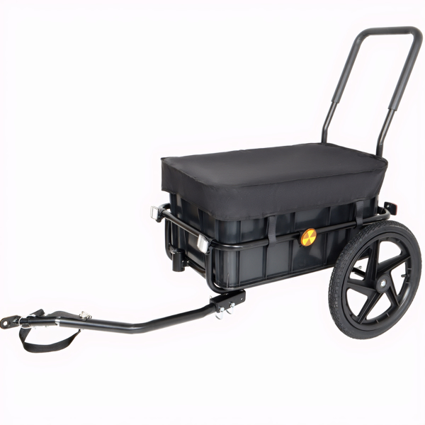 2-in-1 Bike Cargo Trailer Pushcart, Bicycle Trailer with Removable Box and Waterproof Cover, Black, Pushcart Stroller with Tow Hitch and Removable Handlebar, black -58