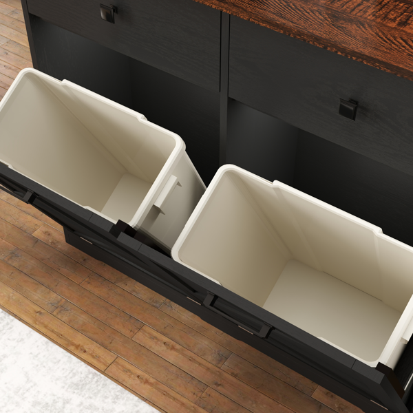 Farmhouse Black Double Tilt Out Trash Cabinet for 20 Gallon Trash Cans, Free Standing Recycling Cabinet with Hideaway Drawer, Barn Door Style Laundry Sorter Cabinet, Tilt Out Trash Cabinet for Kitchen-35