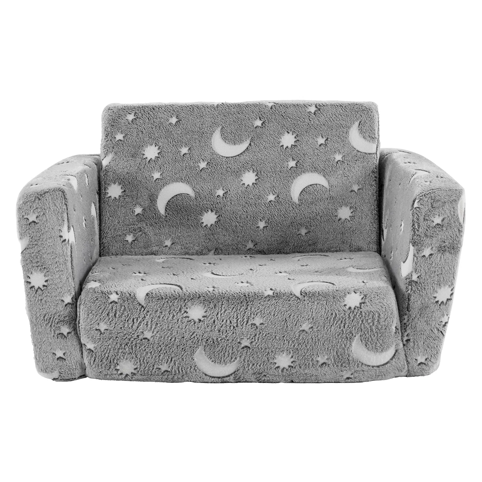 Glow-in-the-Dark Kids Foldable Sofa Bed All-Sponge Single Chaise Lounge Light Grey Star & Moon Flannel image 2