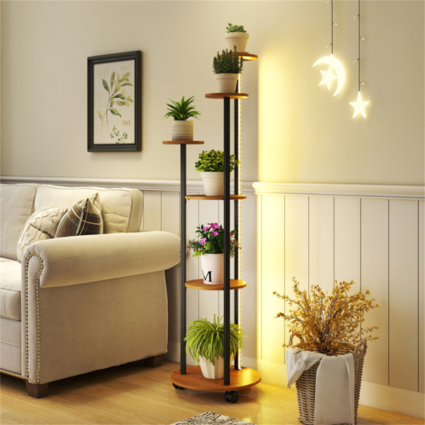 6-Tier Plant Stand with RGB Light Strip, Smart APP & Remote Control Plant Shelf for Home Decor-Natural-12
