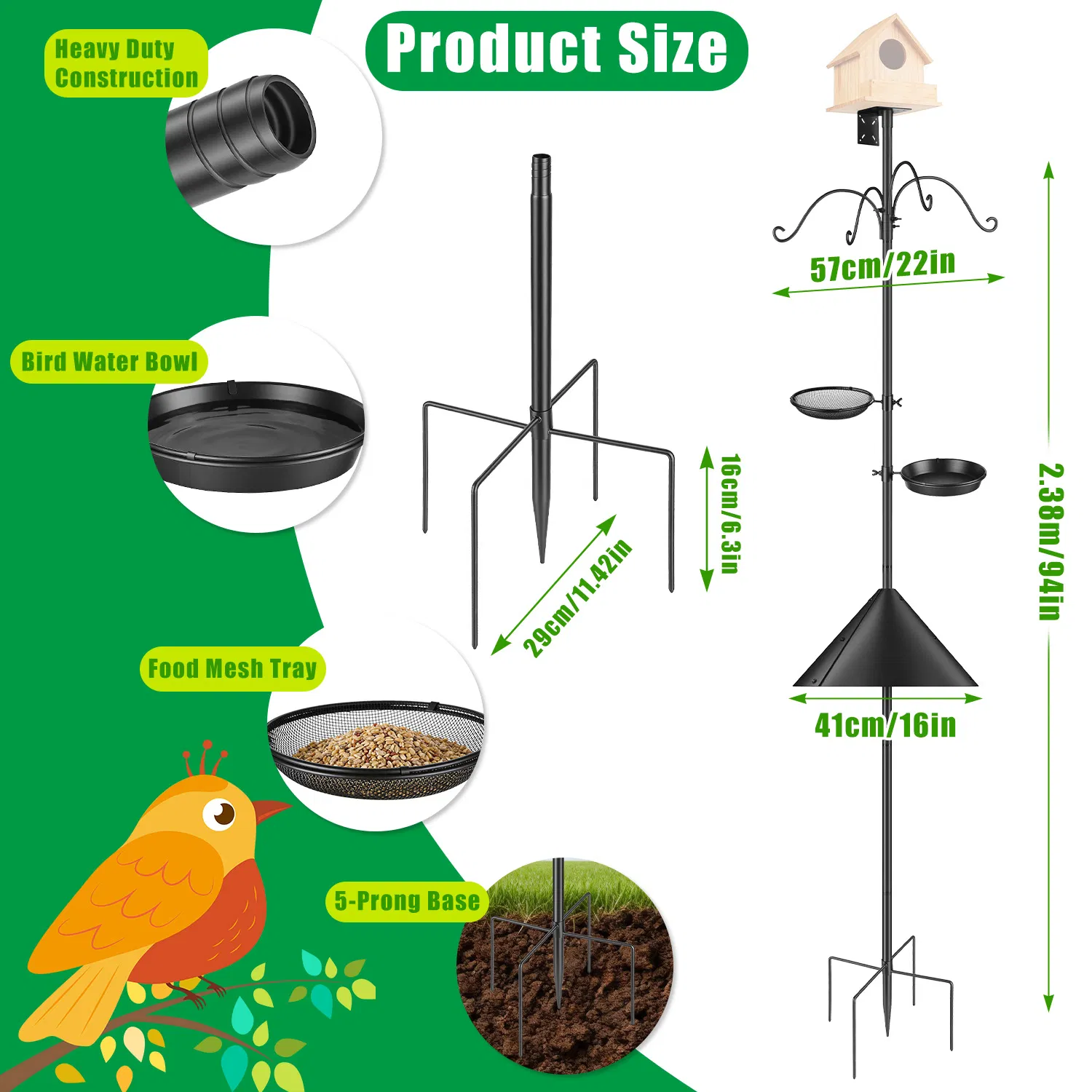 94Inch Squirrel Proof Bird Feeder Pole Heavy-Duty Bird House Pole Outdoor Bird Feeding Station with 5 Adjustable Heights 4 Shepherd Hooks Top & Side Mount Brackets 5-Pronged Base