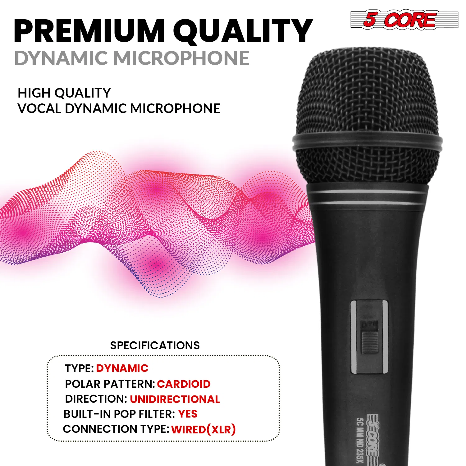 5 CORE Professional Dynamic Vocal Microphone Neodymium Cardioid Unidirectional Handheld Mic for Singing Karaoke Steel Mesh Grille Metal Body With ON Off Switch + 16ft Detachable Cable + Clip + Bag image 7