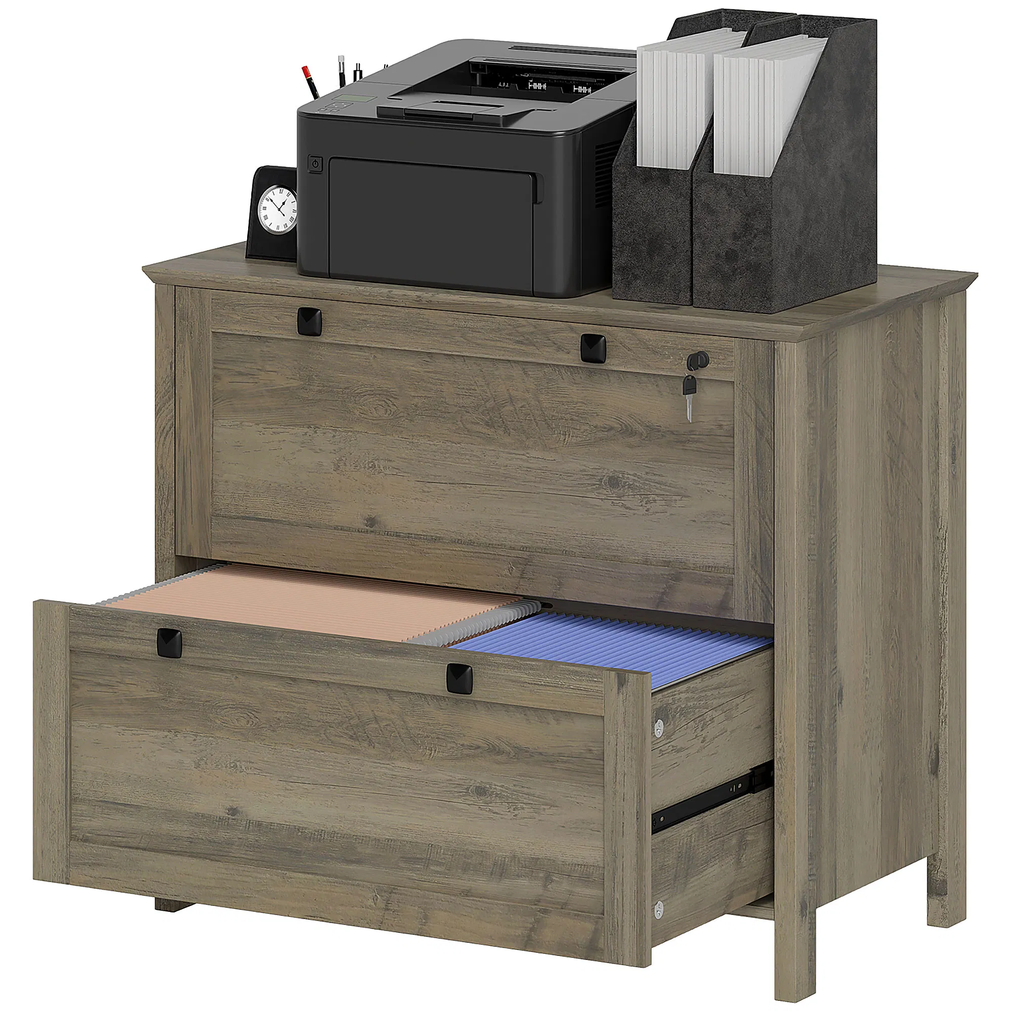 2 Drawer File Cabinet, Lockable Filing Cabinet with Adjustable Hanging Bar for Letter, A4 Size, Weathered Grey Oak