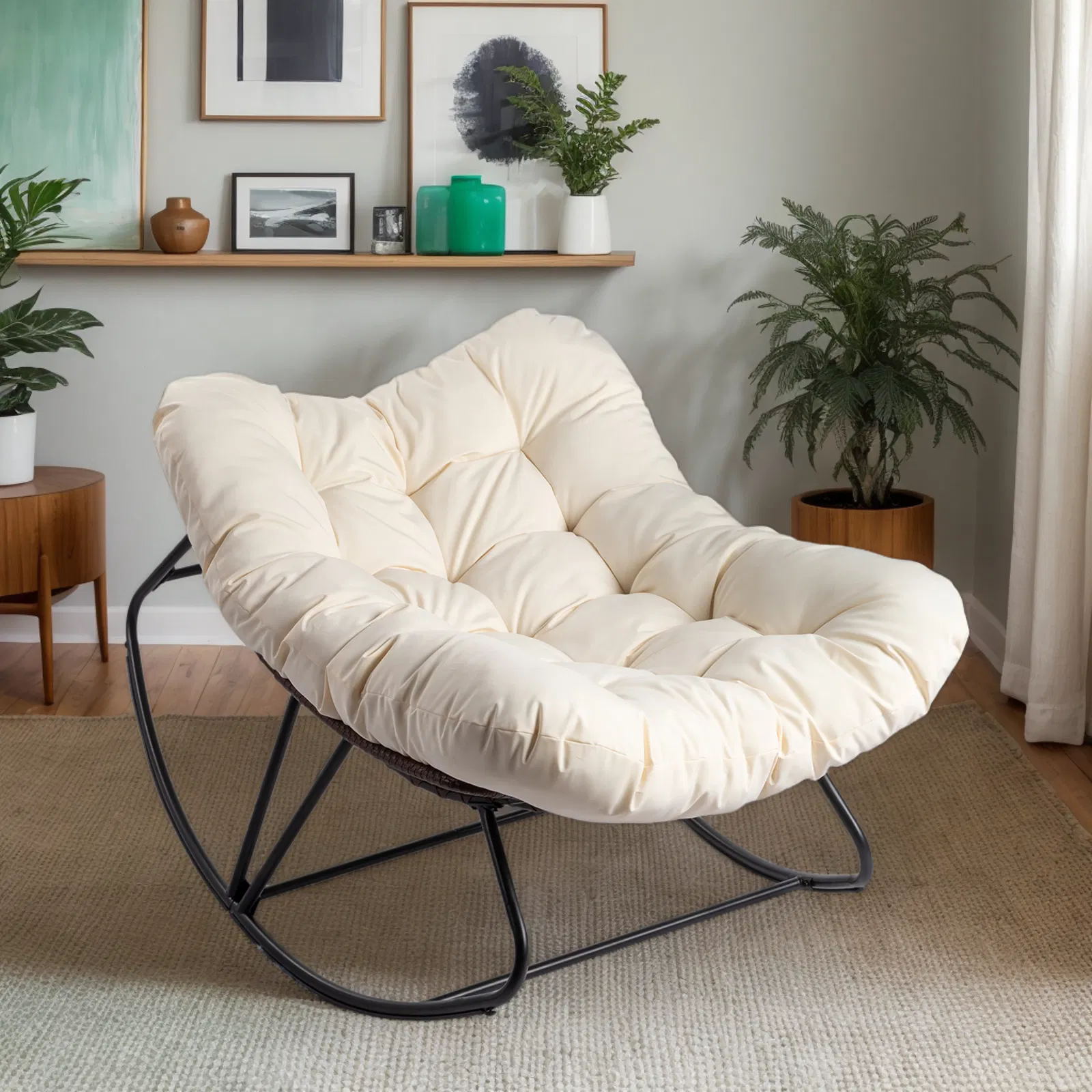 Oversized Rattan Papasan Chair, Outdoor Steel Wicker Rocking Seating with Thick Padded Cushion for Patio, Living Room, Backyard, Porch(Brown Wicker & Beige Cushion) image 11