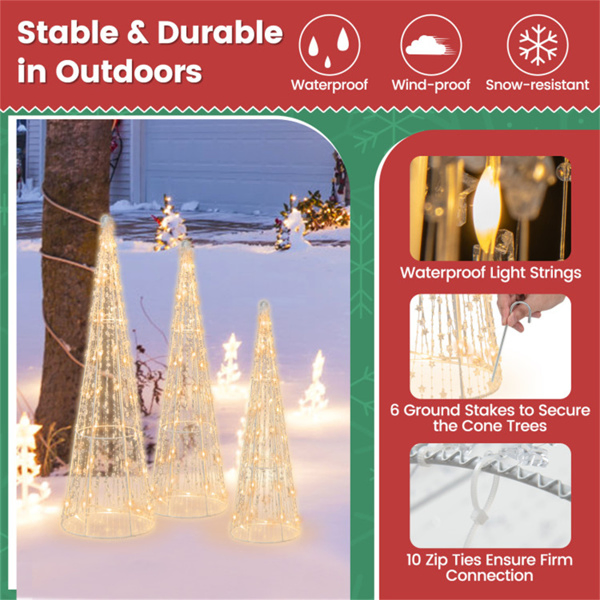 3-Piece Pre-Lit Christmas Cone Trees - 90 Warm White LEDs+Star Beaded Strings, Waterproof, 32