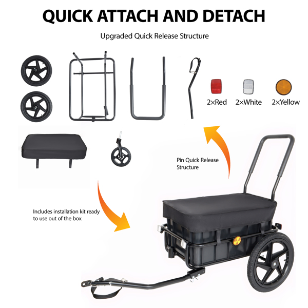 2-in-1 Bike Cargo Trailer Pushcart, Bicycle Trailer with Removable Box and Waterproof Cover, Black, Pushcart Stroller with Tow Hitch and Removable Handlebar, black -64