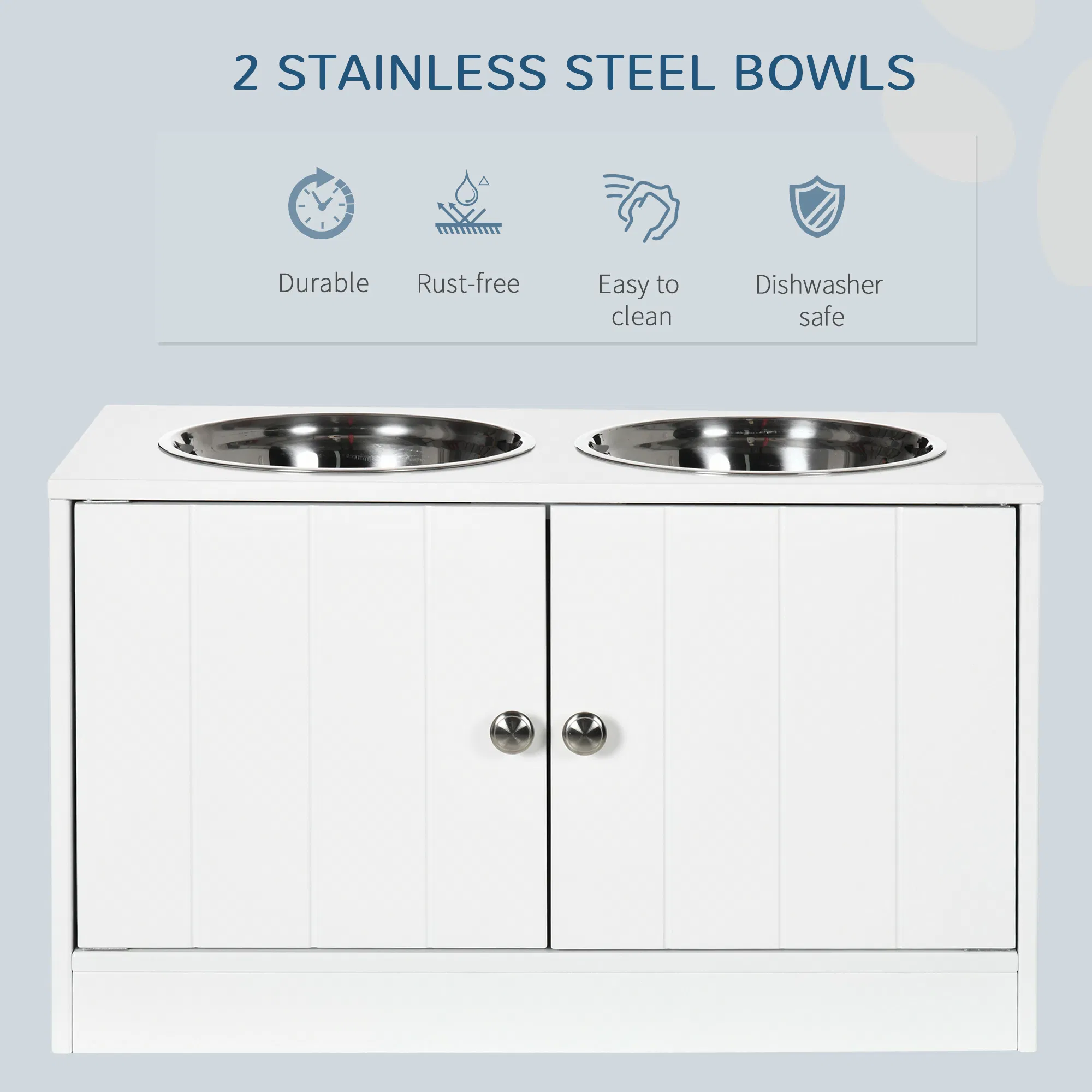 Elevated Dog Bowls for Large Dogs Pet Feeding Station with Stand, Storage, 2 Stainless Steel Food and Water Bowls, White, 23.6" x 11.8" x 14" — image 1
