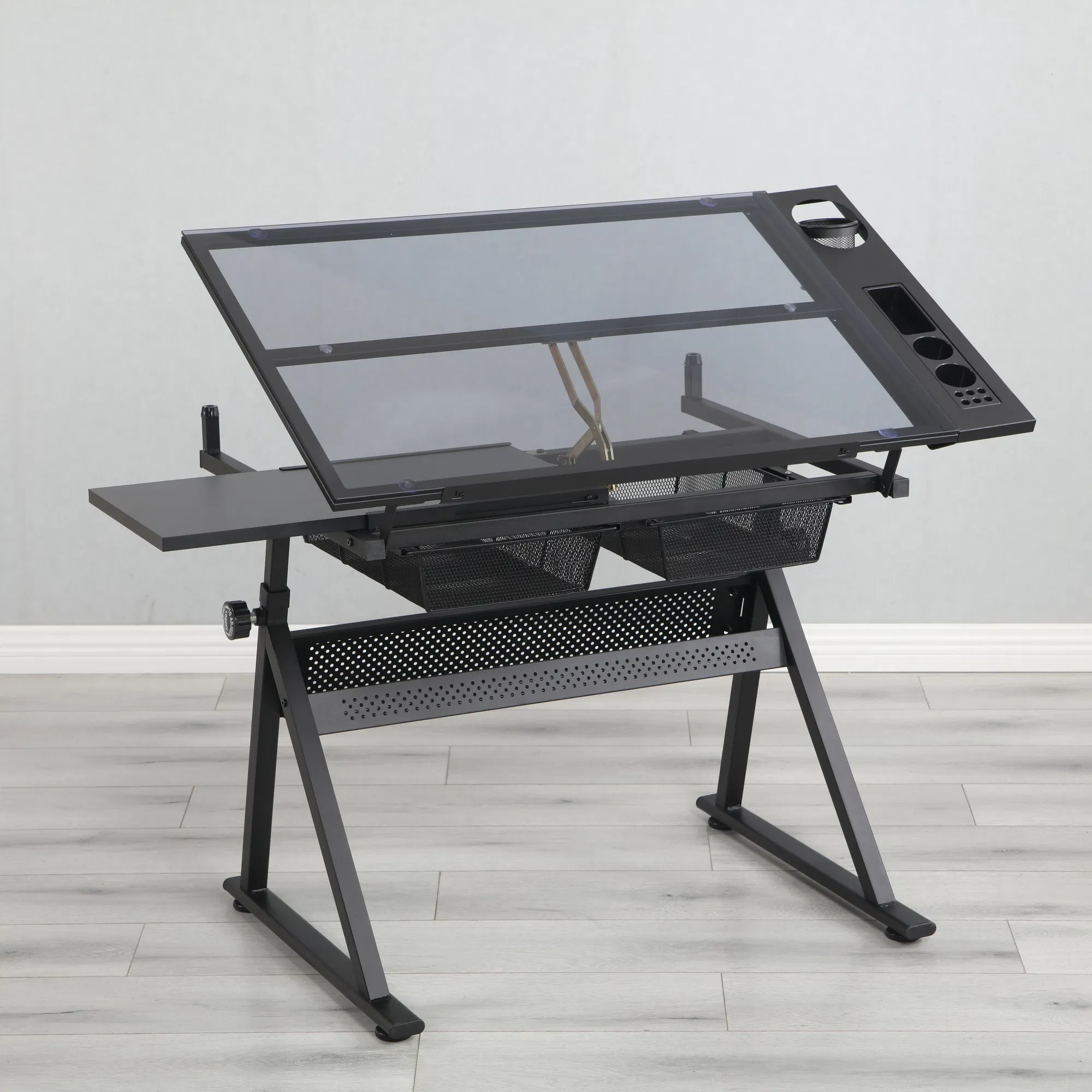 black adjustable tempered glass drafting printing table with chair image 12