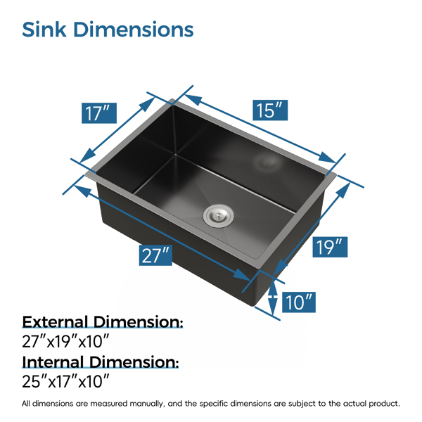 Kitchen Sink, 27″x19″ Single Bowl, Undermount Handmade Sink in Black, with US Standard Drain and Hook[Unable to ship on weekends,usps/fedex]-17