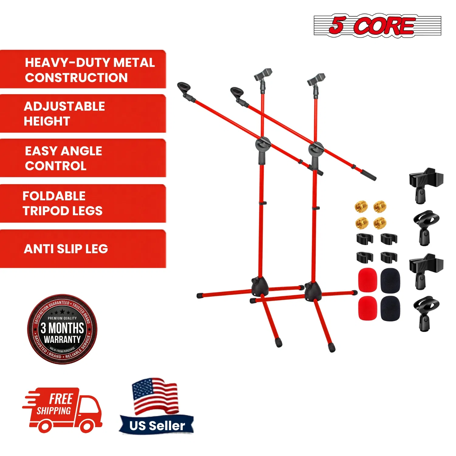 5 Core 2Pcs Mic Stand Floor Height Adjustable Tripod Microphone Stands w Extending Telescoping Boom Arm image 4