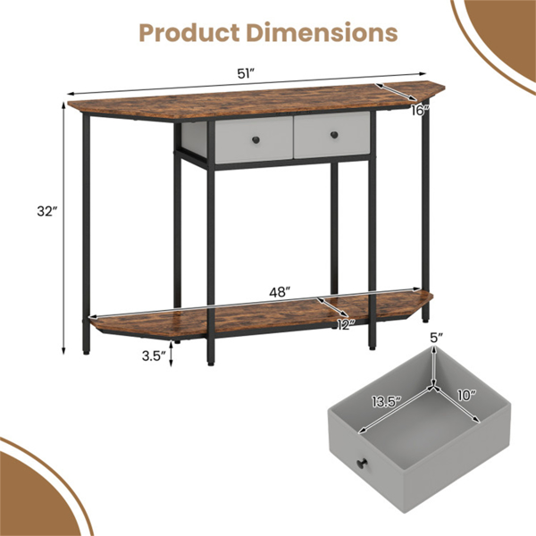  2-Tier Industrial Console Table - Polygonal Tabletop & Open Shelf, 2 Folding Fabric Drawers for Entryway/Hallway/Couch Behind-14