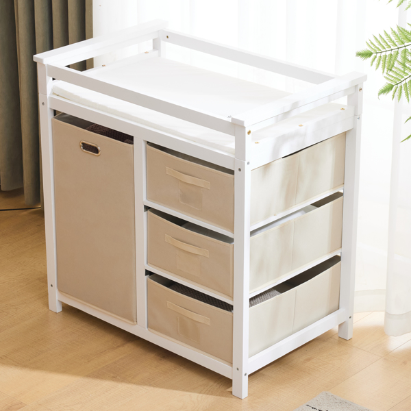 White painted pine wood frame, removable top, 87*53*87.5cm children's wooden bed with 3 fabric drawers + 1 fabric bag, and a changing table-53