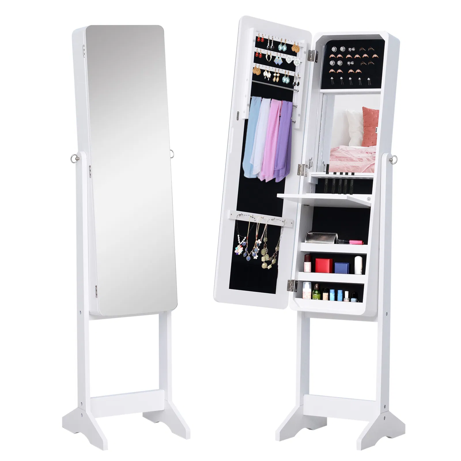 Mirrored Jewelry Armoire LED Lights Freestanding Organizer Adjustable Angle Lockable Cabinet White