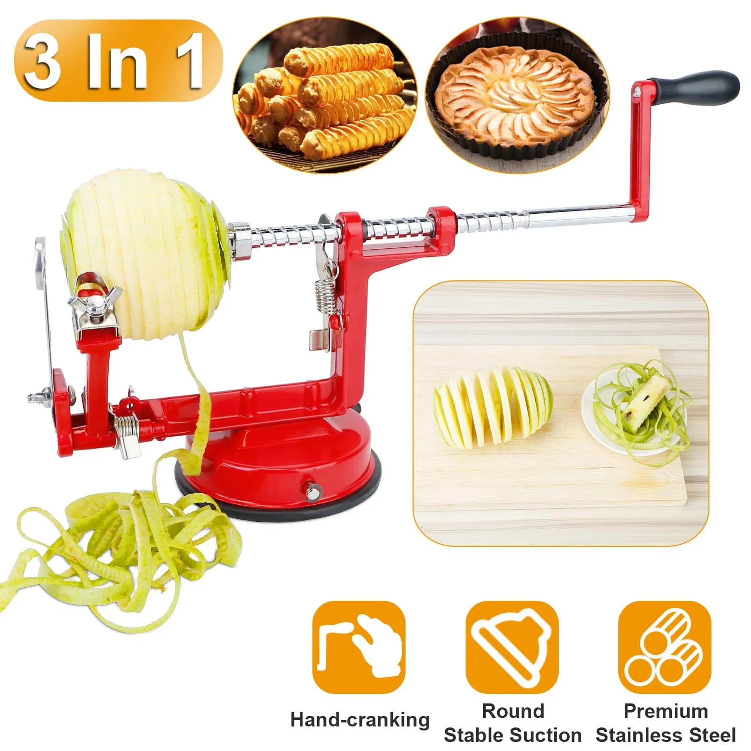 3 in 1 Apple Peeler Slicer Corer with Stainless Steel Blade, Zinc Alloy Hand Crank Fruit Peeler Machine, Strong Suction Base Easy Clean Peeling Tool for Apple Orange Grapefruit Lime