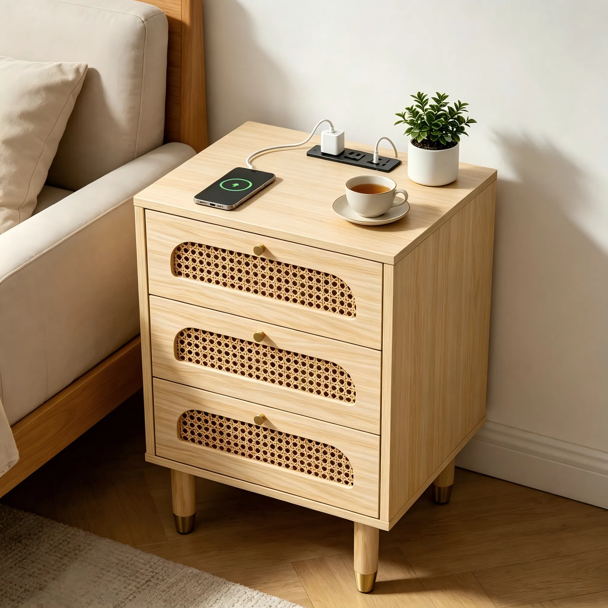 3-Drawer Nightstand with Rattan-Style Finish 15.75"*13.78"*23.82" with Power Outlet Oak image 12