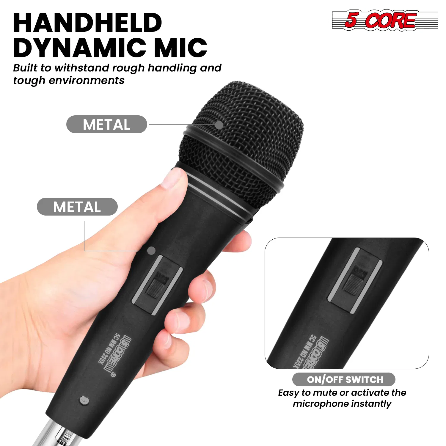 5 CORE Professional Dynamic Vocal Microphone Neodymium Cardioid Unidirectional Handheld Mic for Singing Karaoke Steel Mesh Grille Metal Body With ON Off Switch + 16ft Detachable Cable + Clip + Bag image 10