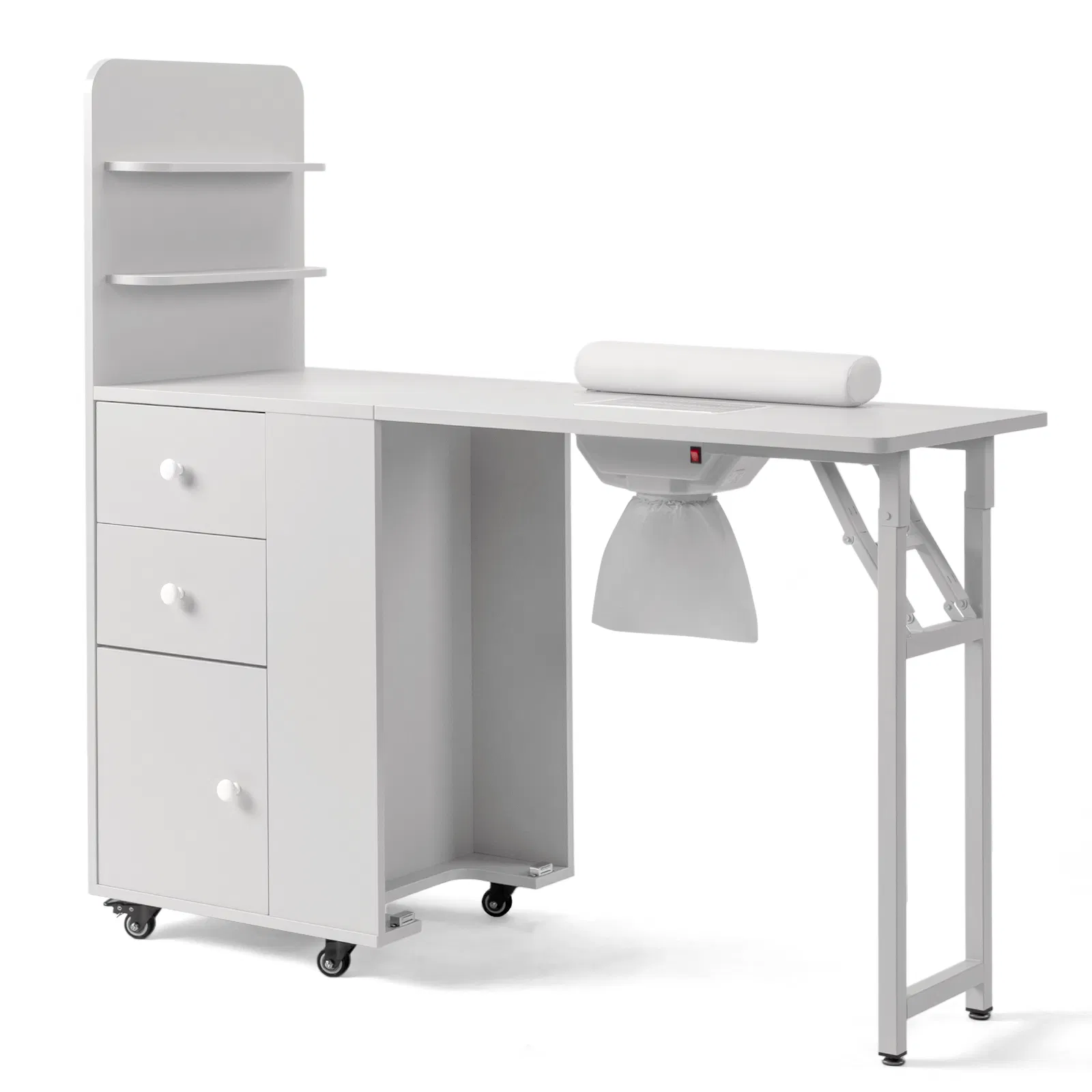 White MDF Folding Nail Desk with 2 Drawers, Cabinet Door & Storage Shelf image 2