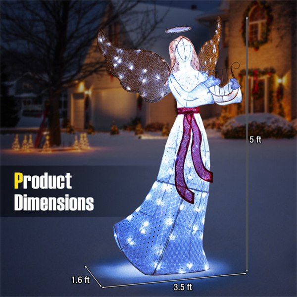 5ft Pre-Lit Christmas Angel Decor - 120 Cold White LEDs, IP44 Waterproof, Metal+Mesh Fabric-16