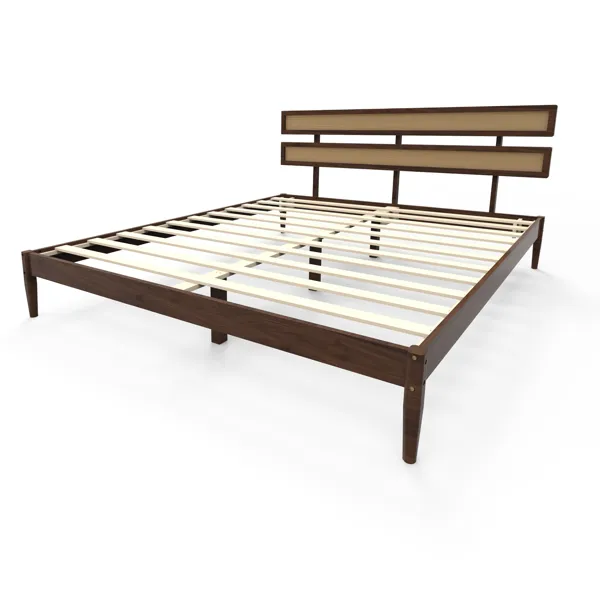 Dark walnut wood painted finish + rattan and pine wood double headboard King size bed, Bohemian style image 13