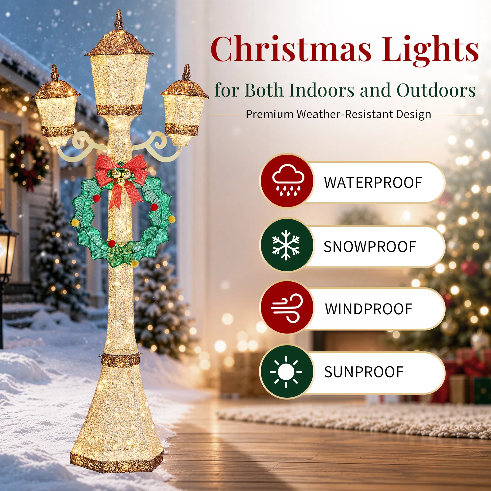 6FT Gold 3-Head Street Lamp with Wreath, 210 Warm White LEDs, Christmas Light Post, US Plug image 4