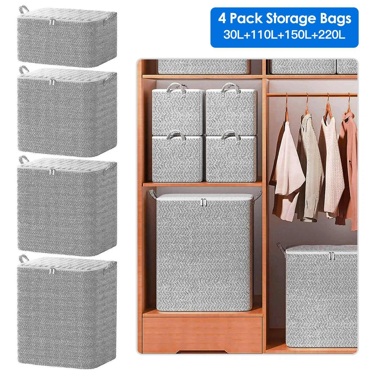 Clothes Storage Organizer Bags, Non-Woven Fabric Closet Storage Containers with Carrying Handles, Dust-Cover Lid and Zipper, Multi-Size for Quilts, Blankets, Dorm, Apartment Moving and Garage Use