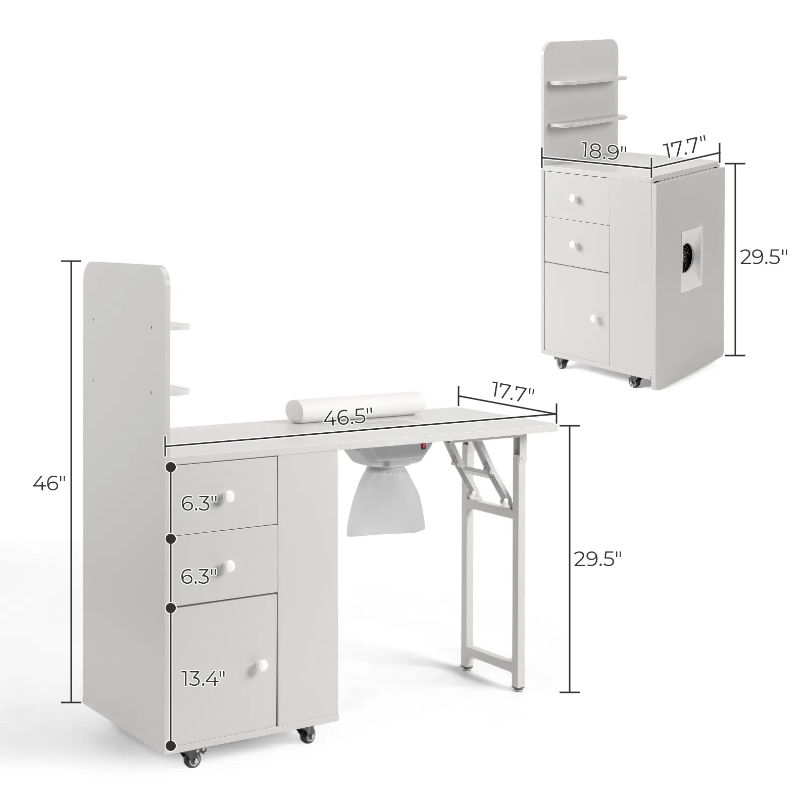 White MDF Folding Nail Desk with 2 Drawers, Cabinet Door & Storage Shelf image 4