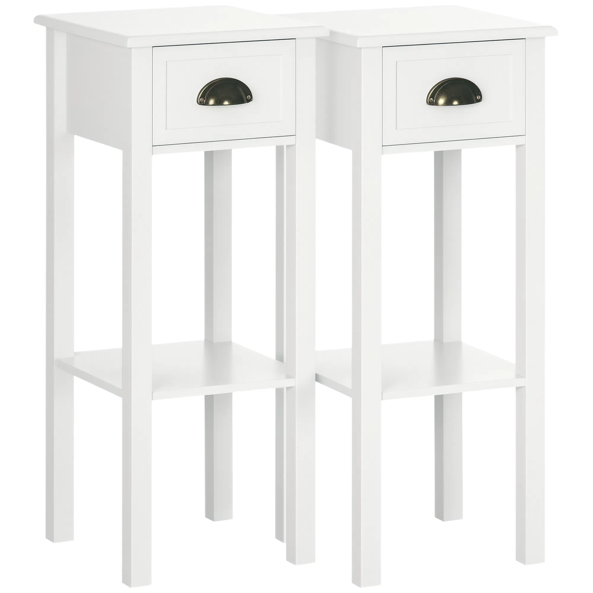 2 Tier Side Table, Set of 2, Narrow Tall End Table with Drawer and Shelf, Slim Wooden Nightstand for Living Room, Bedroom, Hallway, White