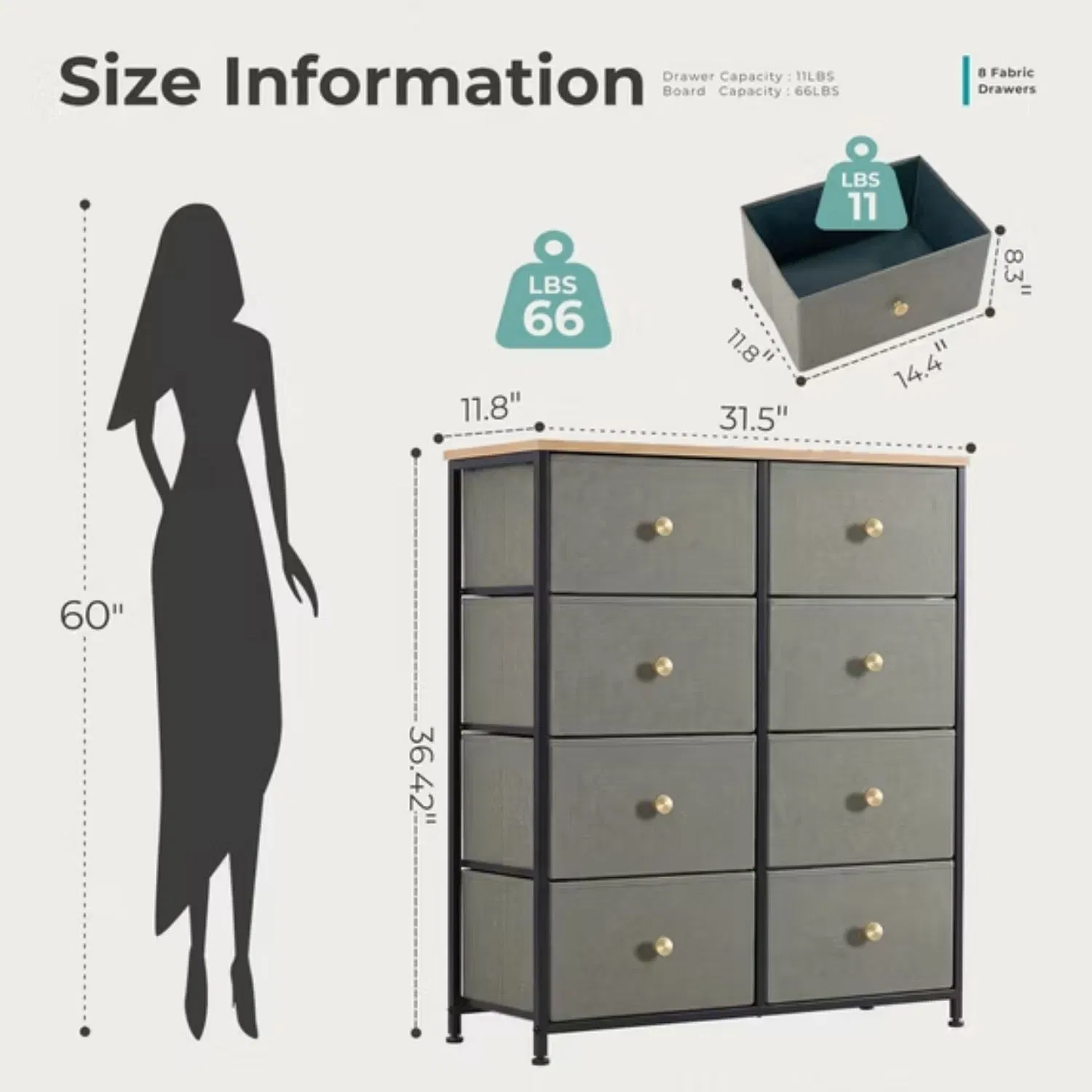 8-Drawer Fabric Dresser with Solid Wood Top, Tall Storage Chest for Bedroom, Living Room, Or Entryway, Ideal As a Tower Cabinet, Hallway Organizer image 2