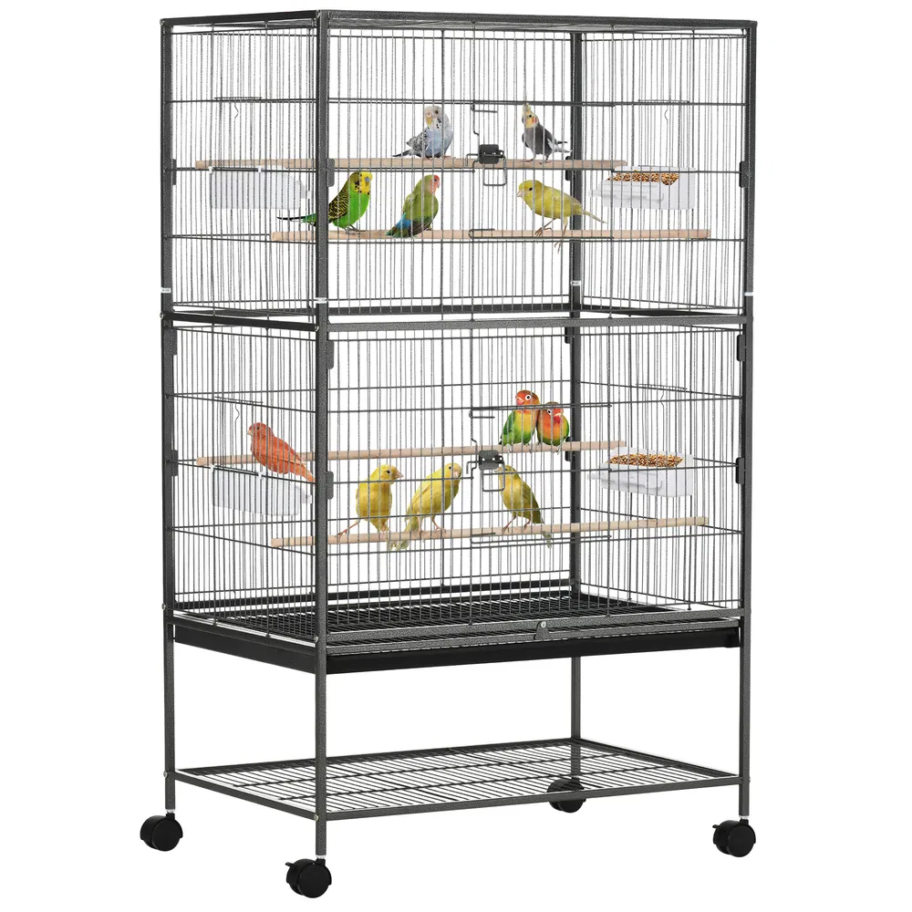 52'' Large Rolling Steel Bird Cage Bird House with Rolling Stand, Storage Shelf, Wood Perch, Food Container, Dark Grey - Default