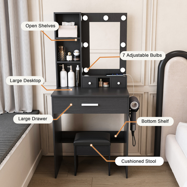 Vanity Table with Mirror & Adjustable LED Lights, Power Outlet, Hairdryer Holder & Stool – Compact Dressing Desk for Small Bedrooms(Black) -26