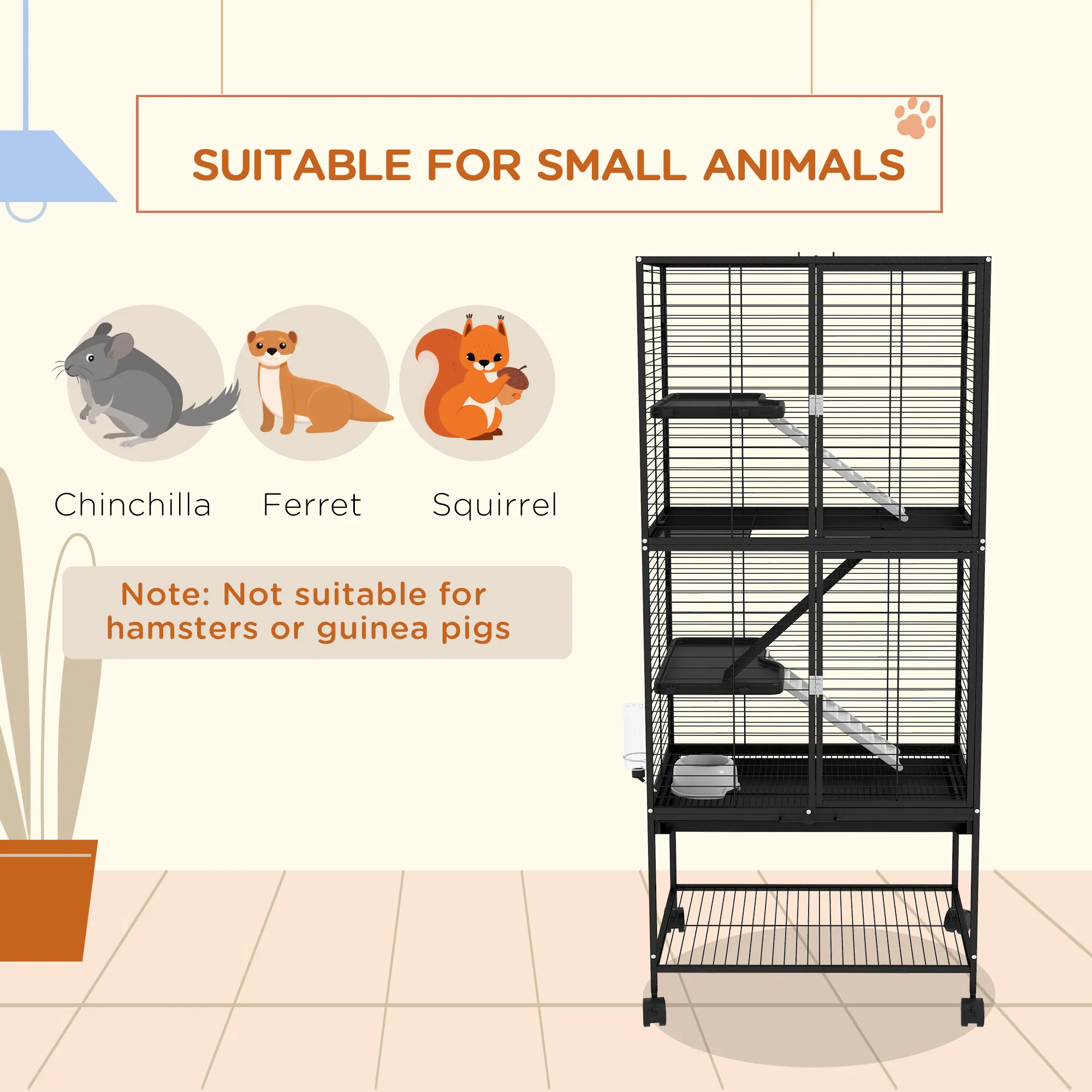 Rolling Small Animal Cage 53.5"H Chinchilla Cage for Ferrets, Squirrels w/ Removable Tray, Storage Shelf, Black — image 1