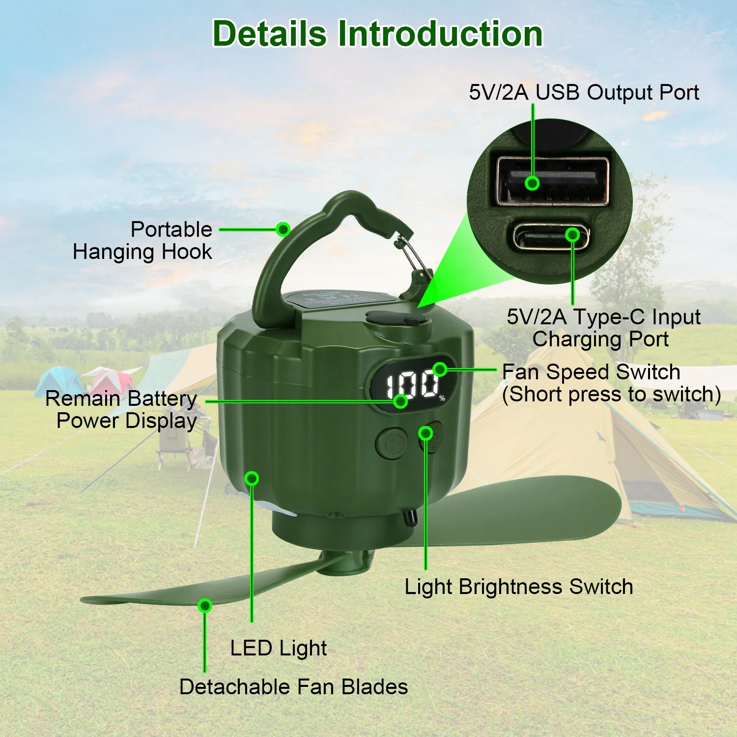 Rechargeable 3-in-1 Camping Fan, LED Lantern Hanging Fan with Large Capacity Battery, USB Power Bank, Low Noise & Timer Function for Outdoor Adventures image 11