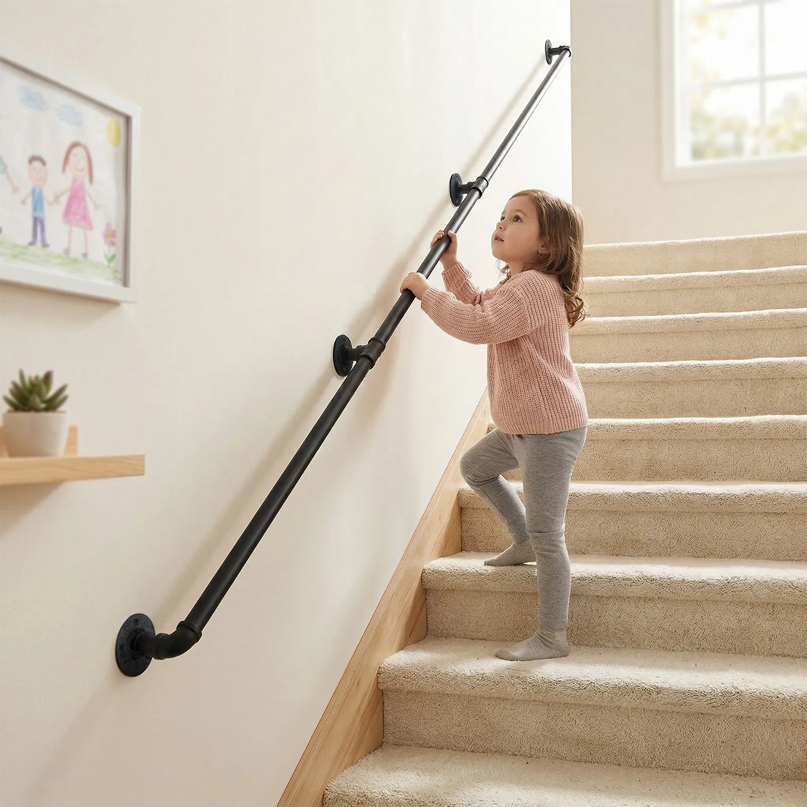 12FT three-section iron courtyard stair handrail black image 3