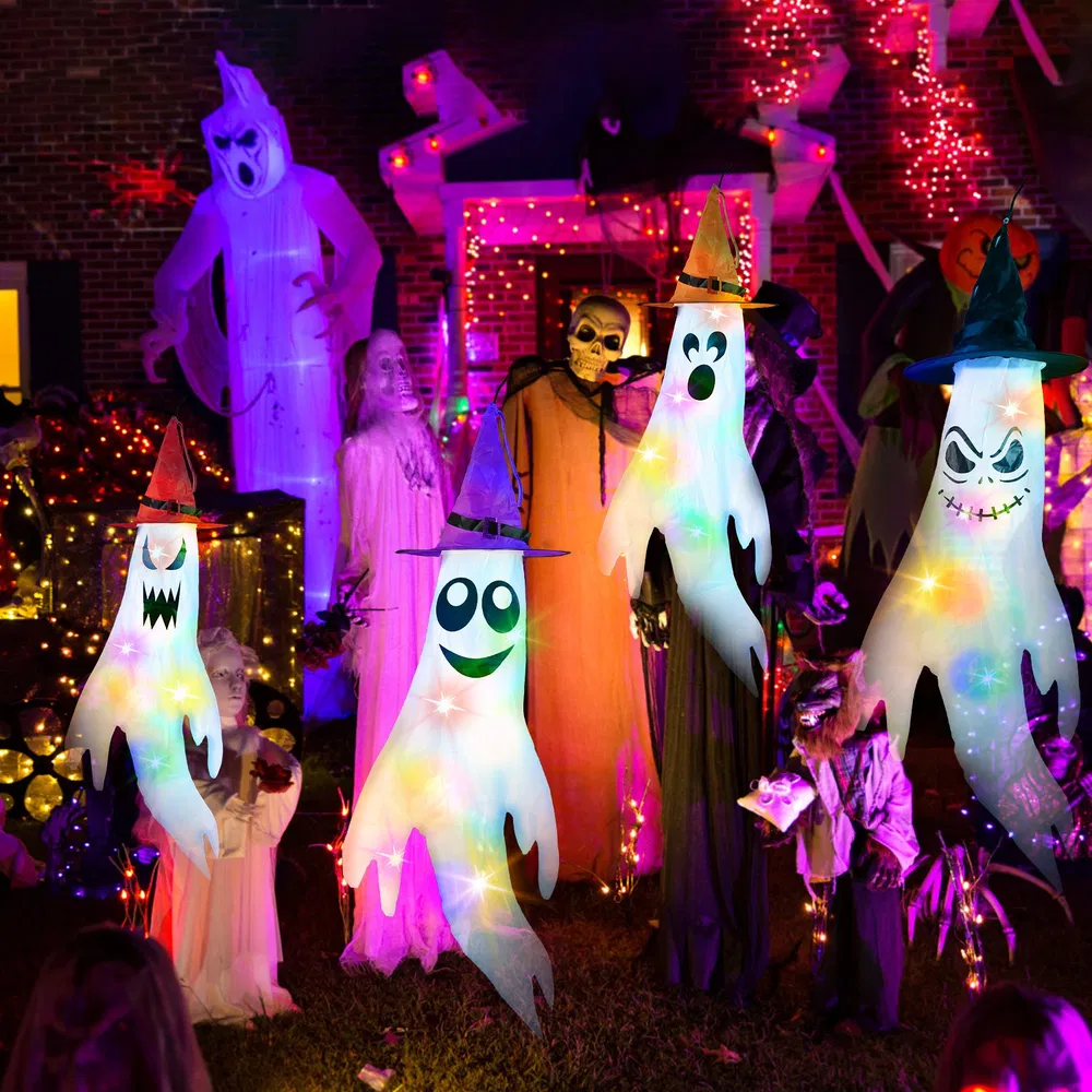 Halloween Hanging Decoration Set - 4 Ghost Windsocks, 4 Witch Hats & 4 Colorful LED String Lights (Batteries Included) -