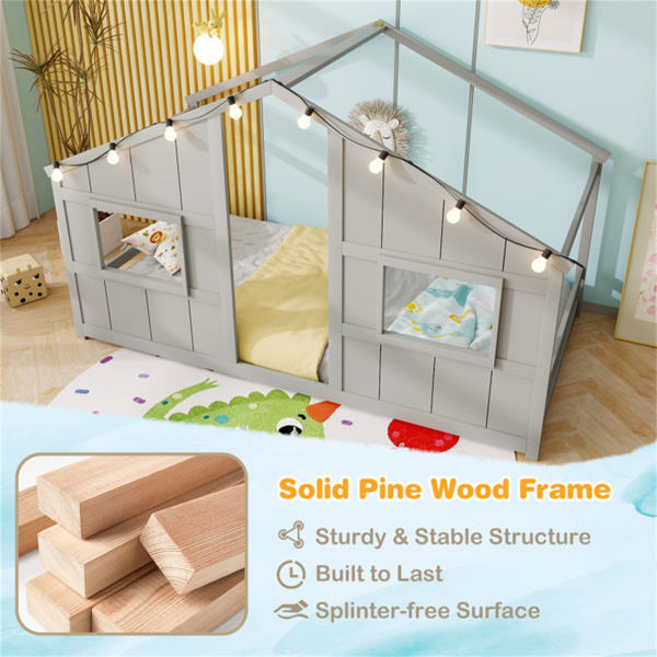 Twin-Size Kids House Gray Floor Bed- 82