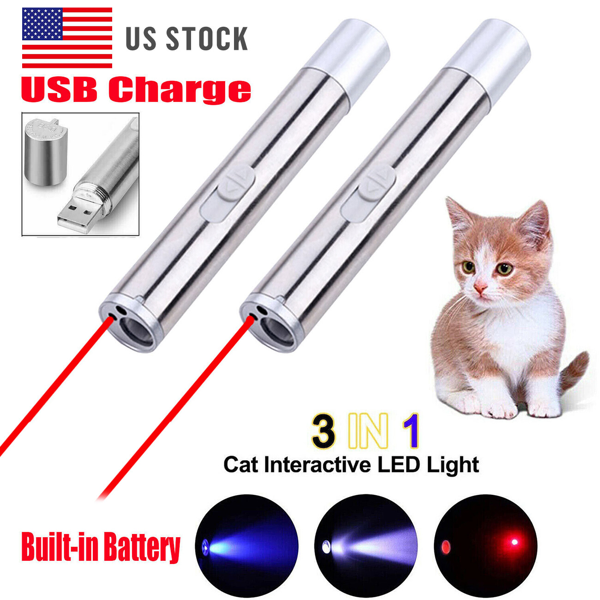 2PCS 3 in1 1mw USB Rechargeable Pet Toy Pen Flashlight Red laser Beam UV Light 3-Modes Lamp-14