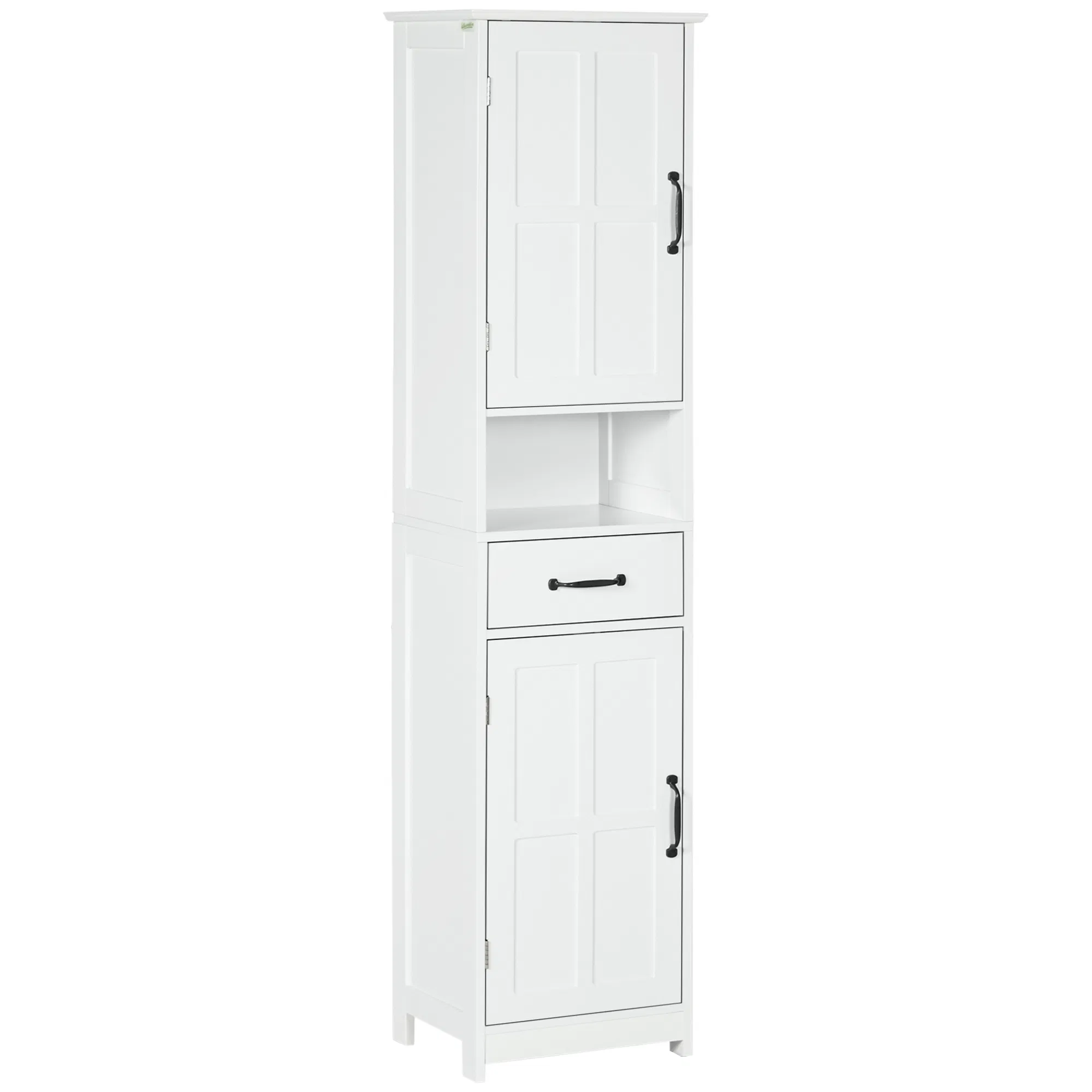Modern Bathroom Cabinet, Narrow Bathroom Vanities with Open Shelf Drawer Recessed Doors and Adjustable Shelves White